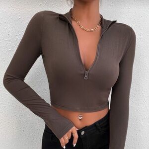 Brown Long Sleeve Zip-Up Crop Top